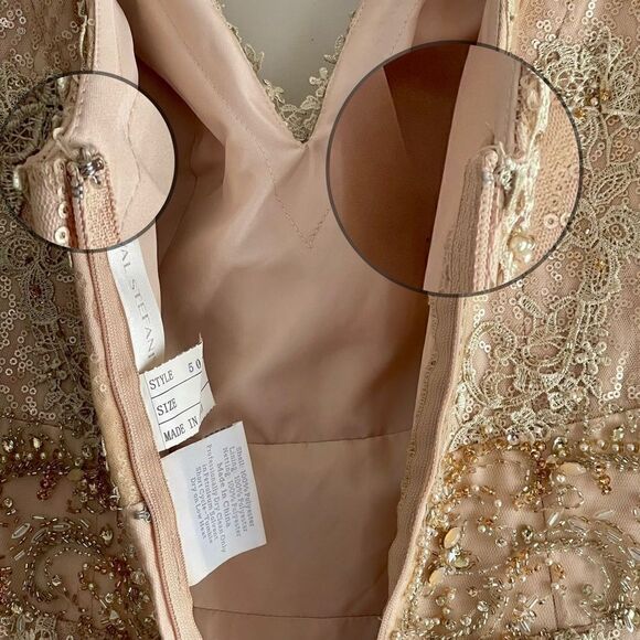 Val Stefani V-Cut Tulle Overlay Sleeve Sequin Bead Lace Embellished Gown Dress - Picture 16 of 17